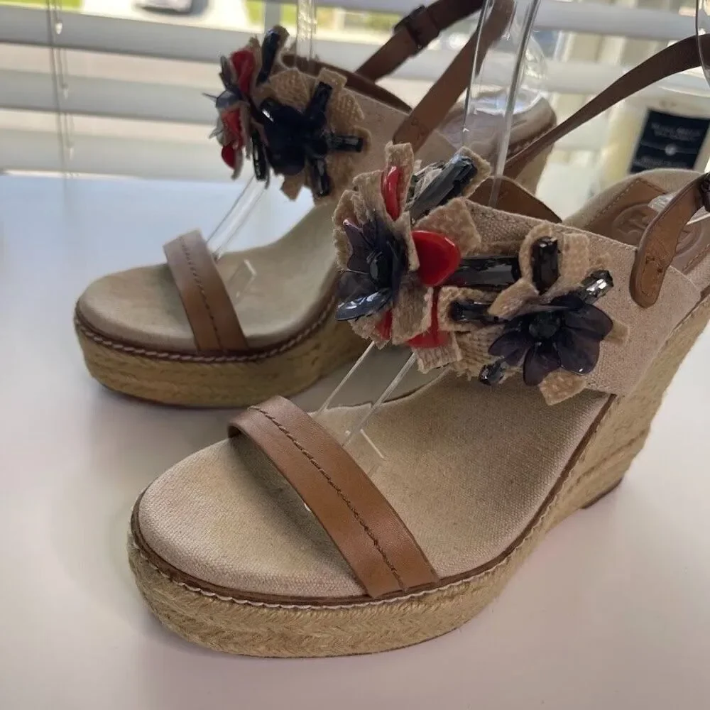 Tory Burch Linen Espadrille Wedge 7.5 Double Strap Sandals Boho Floral Jeweled